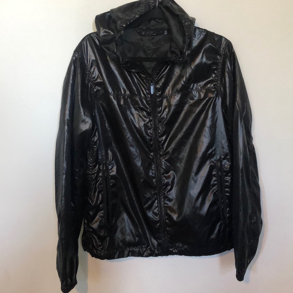 Black shiny rain jacket